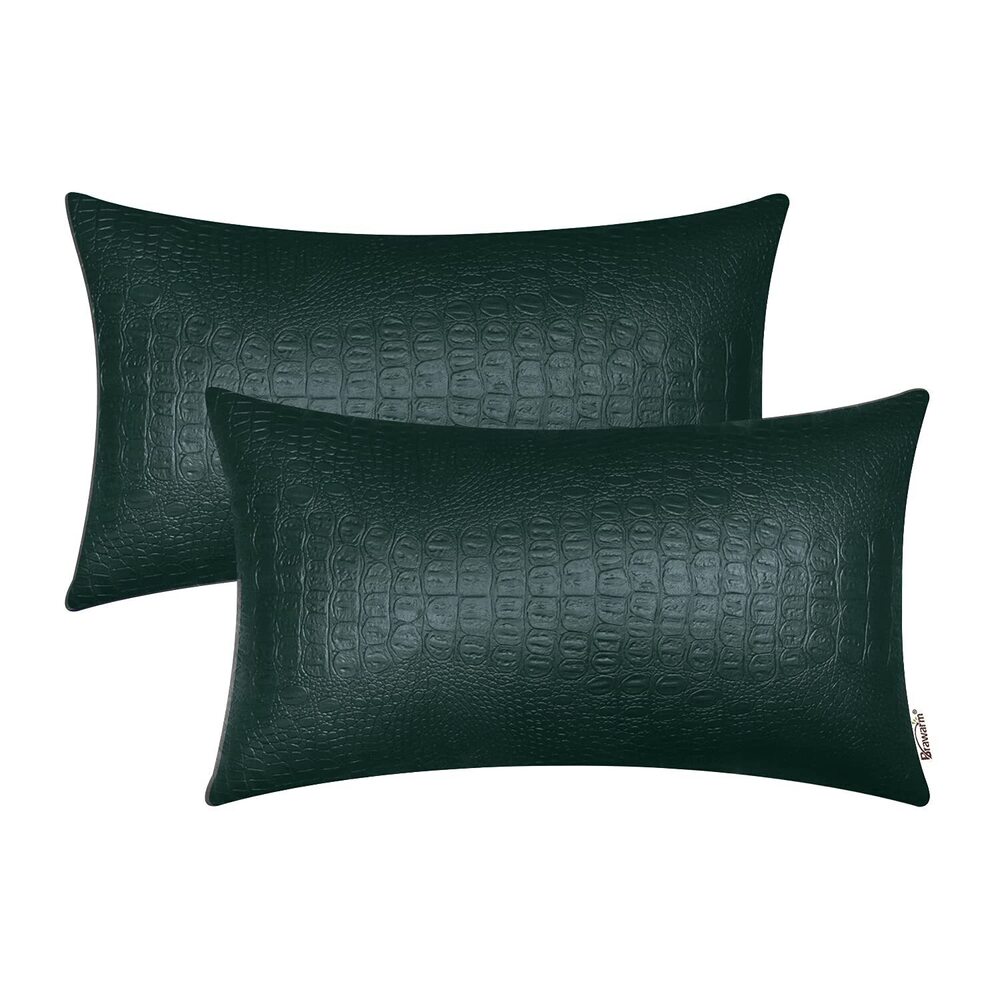 5597 Faux Leather Pillow Covers 12 X 20 Inches, Dark Green Leather Pillow